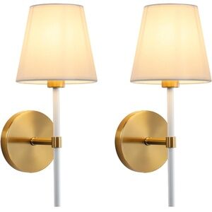 2 white and gold wall sconces lights